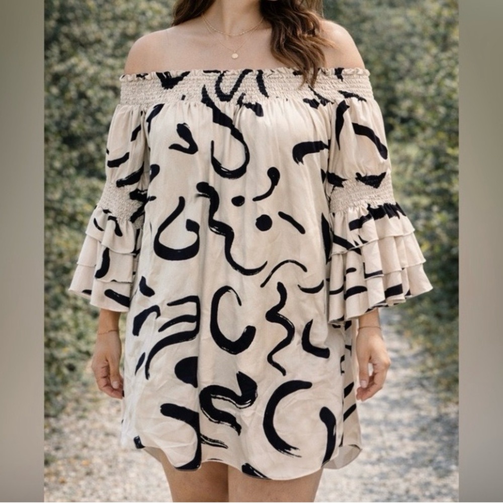 Off-Shoulder Beige Dress with Black Abstract Print and ruffle sleeves